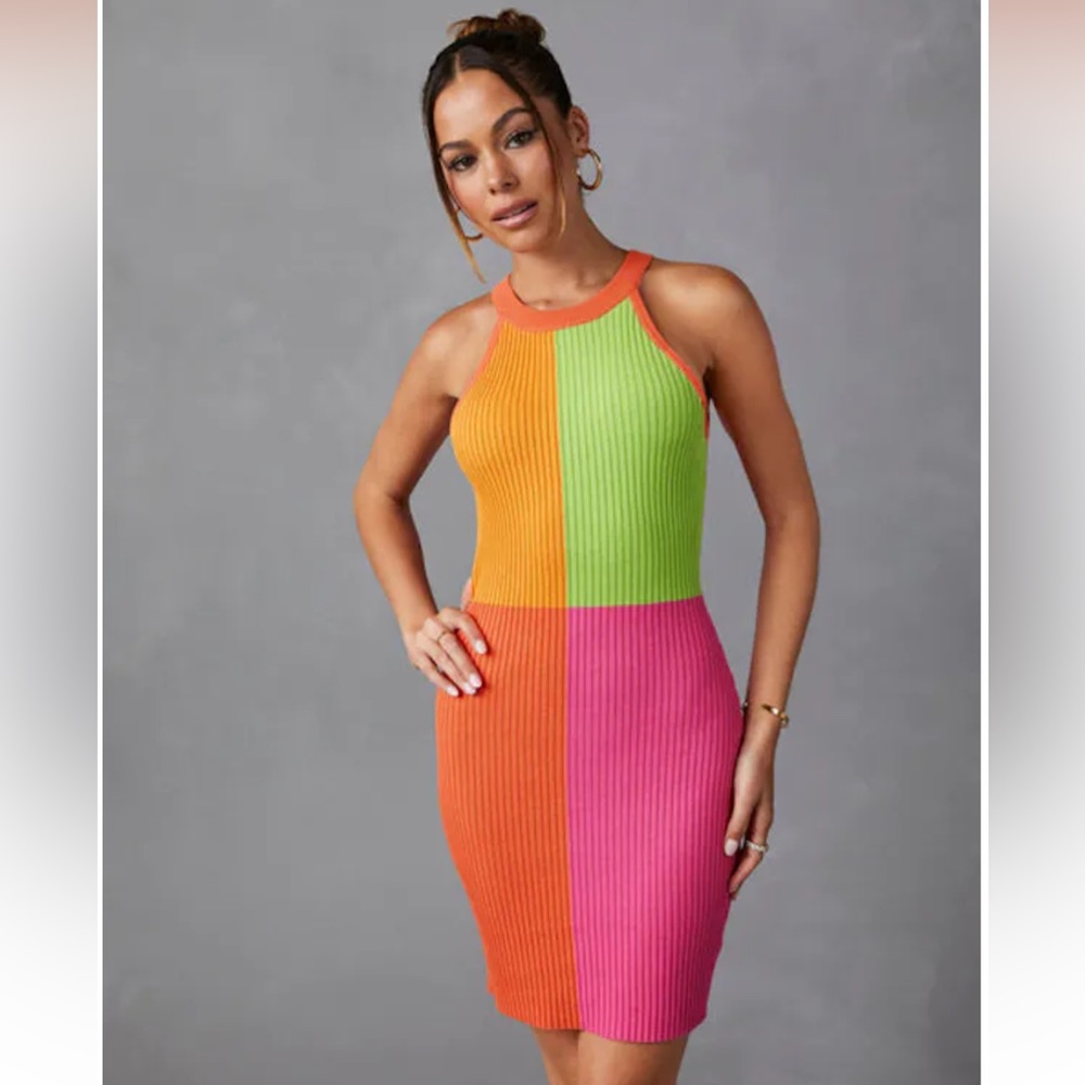 RIBBED COLORBLOCK BODYCON DRESS - ORANGE MULTI
